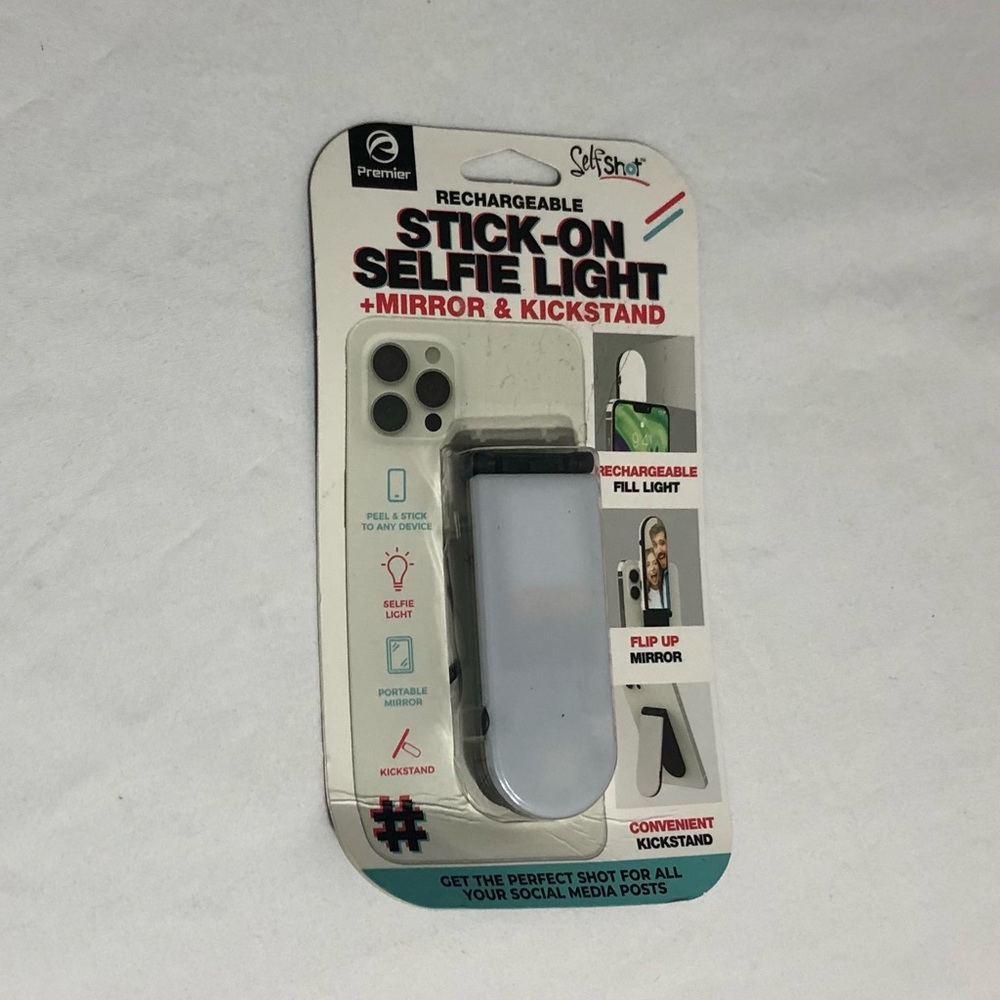 Stick on selfie light/Mirror/ Kickstand Rechargeable. Black